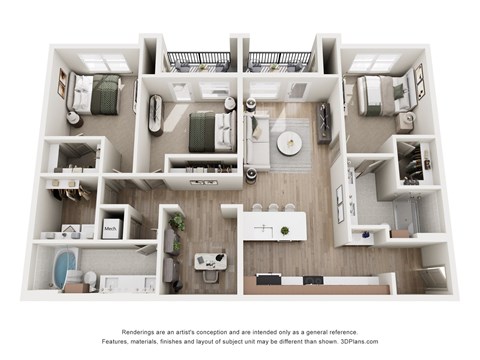 Floor plan for 3 beds, 2 baths, 1384 sqft